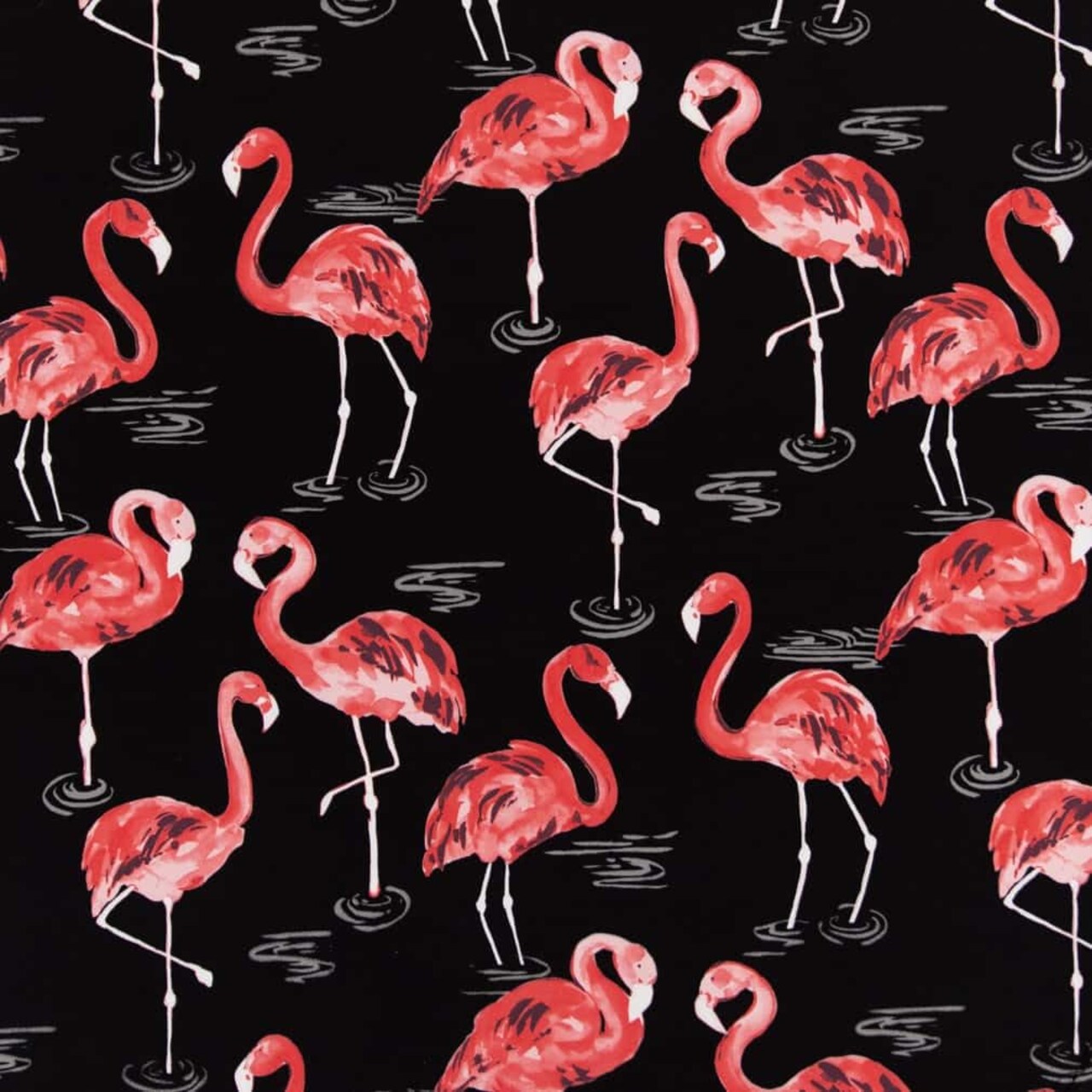 Black Pink Stain Resistant Performance Pet Friendly Novelty Print Upholstery Fabric by The Yard - SKU: Palm Springs Flamingo